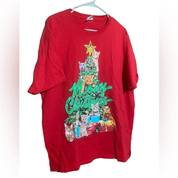 Meowy Christmas Cat Tree Mens Red T-Shirt Crazy Ugly Dec 25th Size XL - Picture 2 of 6